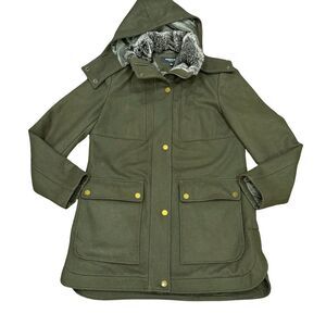 💚 Kenneth Cole Women’s Olive Green Wool-Blend Coat w/ Removable Hood - Size M ✨